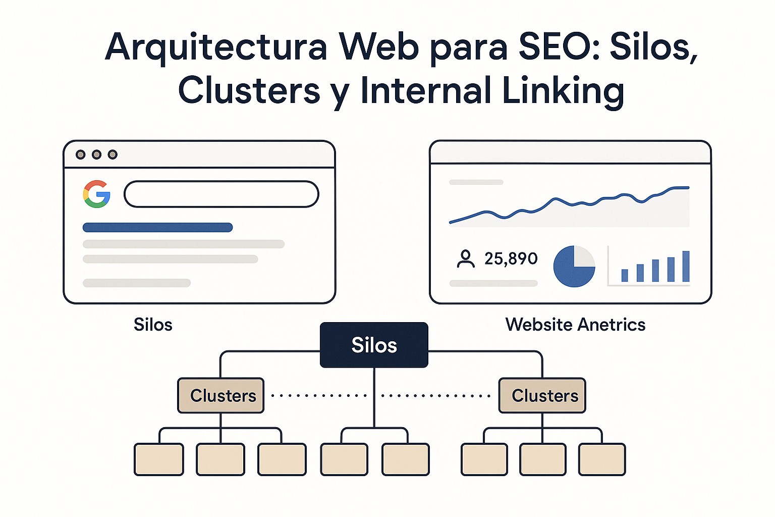 Diagrama de arquitectura web optimizada para SEO: jerarquía de páginas, enlaces internos y estructura de silos
