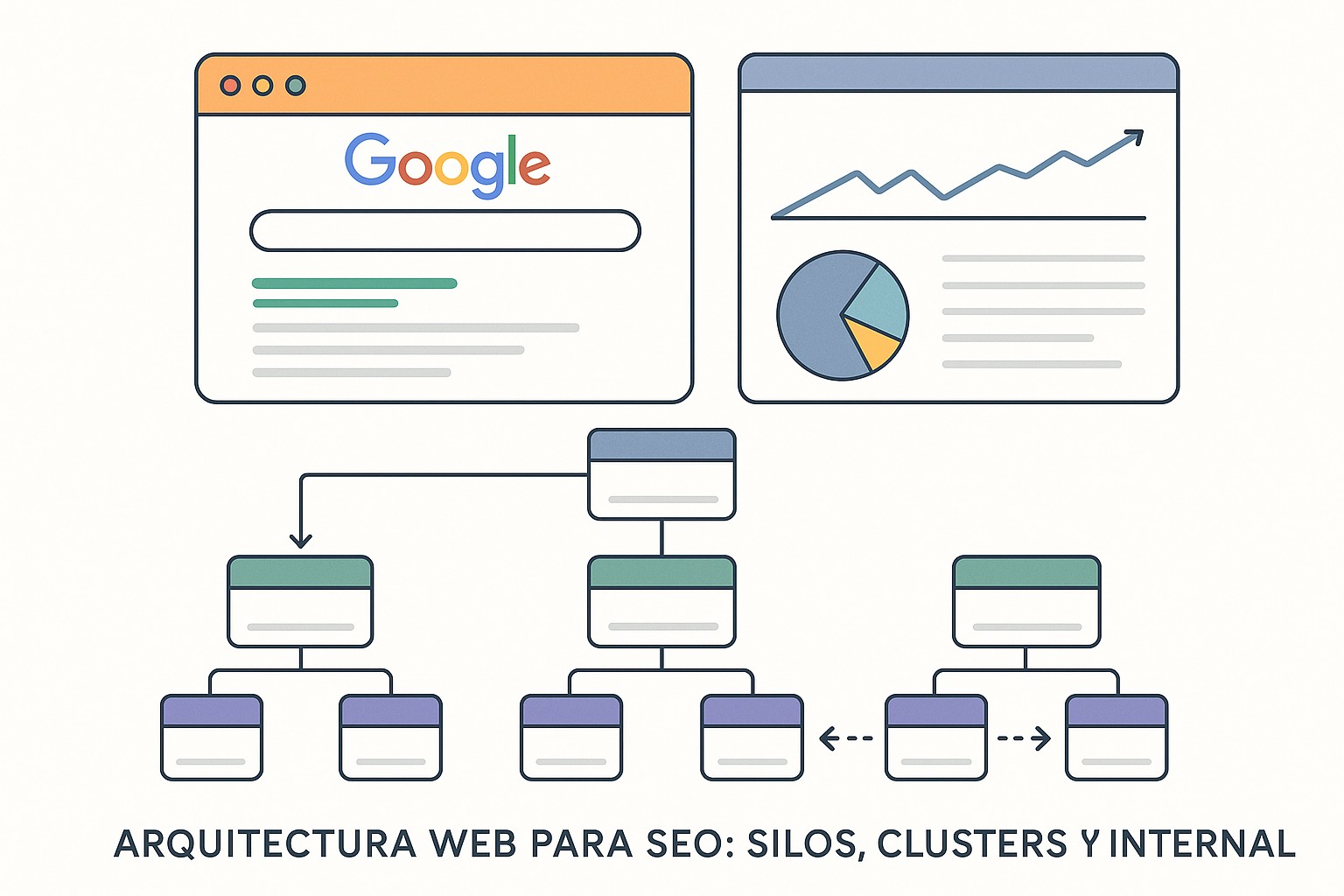 Mapa de estructura web ideal para posicionamiento: home, categorías, páginas pilares y contenido de apoyo