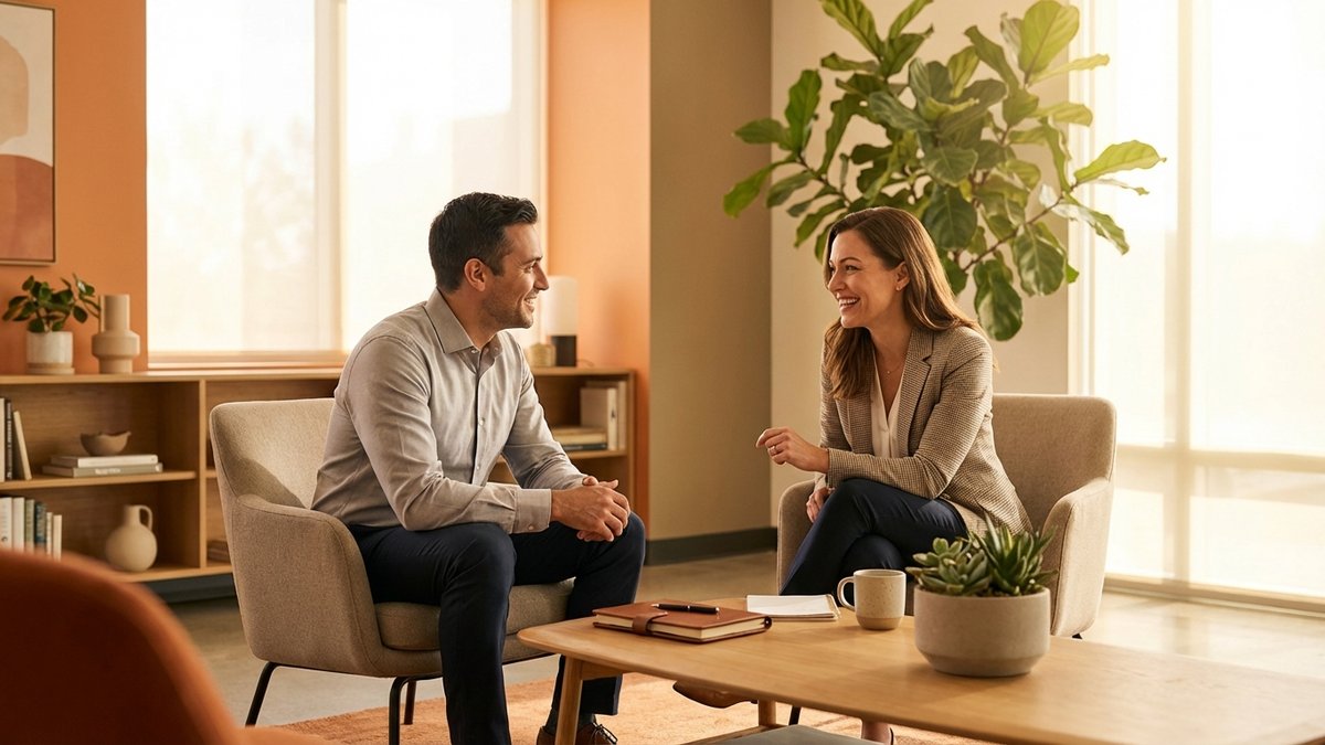 Sesión de coaching ontológico con coach y coachee en conversación profunda