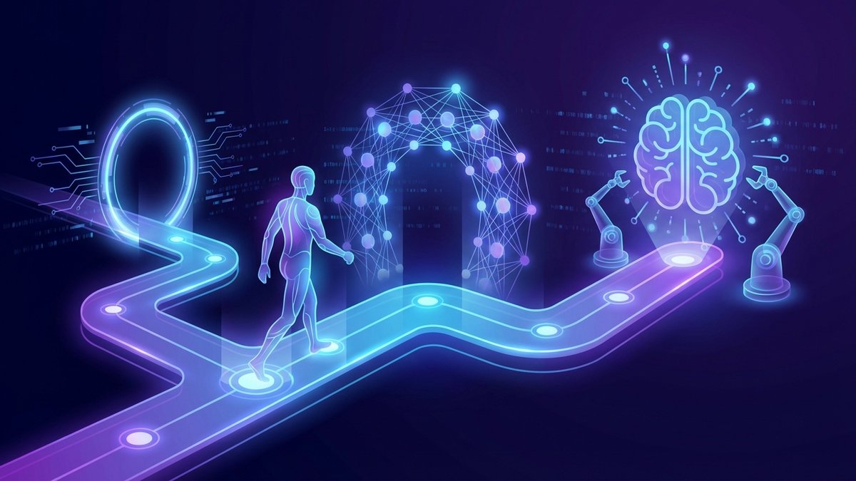 Ilustración conceptual de una ruta de aprendizaje por etapas para aprender Inteligencia Artificial desde cero.