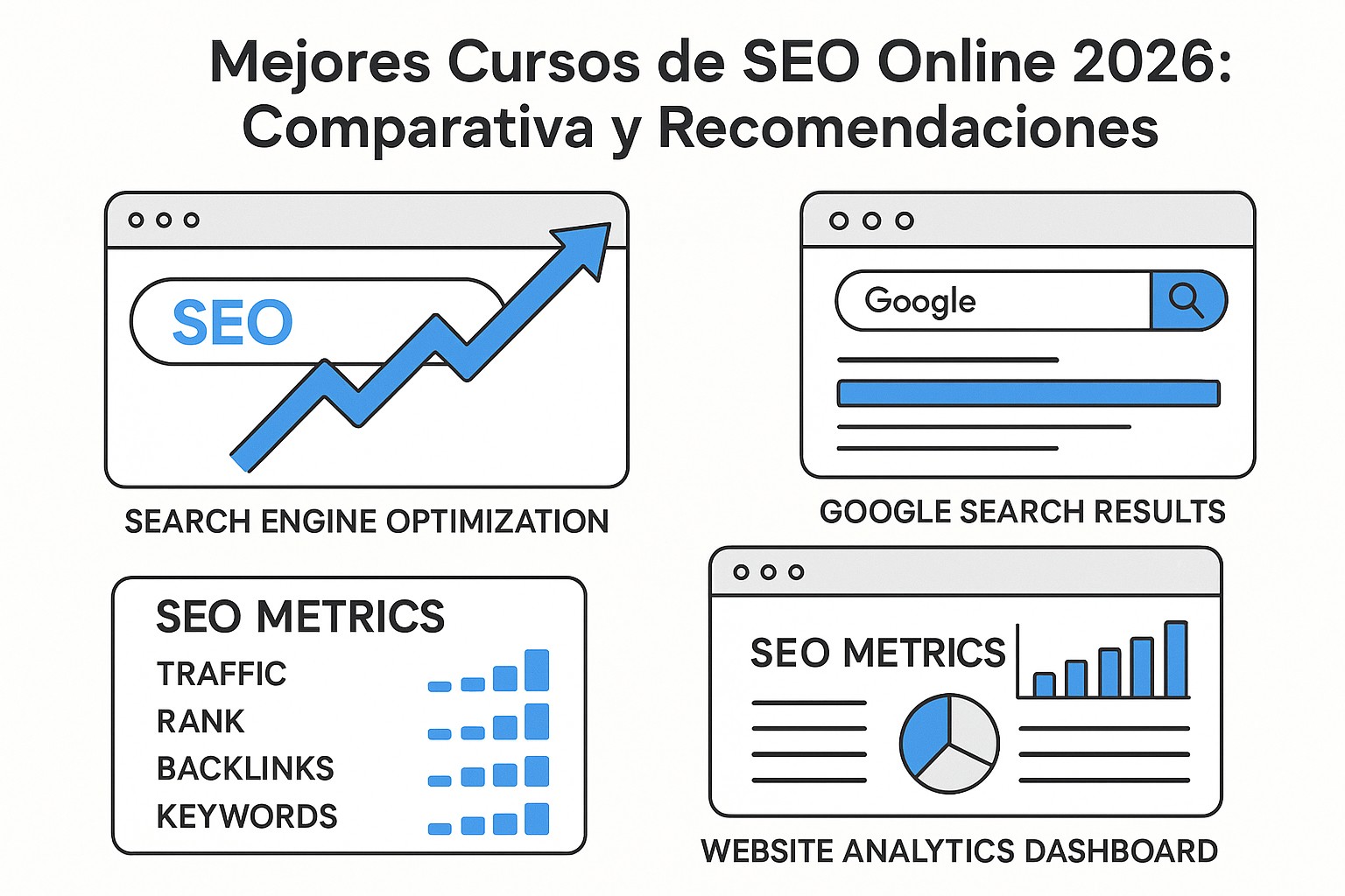 Comparativa visual de cursos de SEO online 2026: contenido, duración, precio y reconocimiento profesional