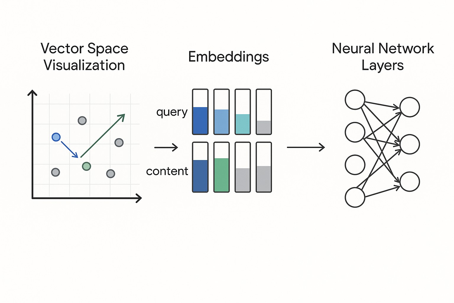 Diagrama de cómo Google usa embeddings para entender la relevancia entre consultas y contenido web