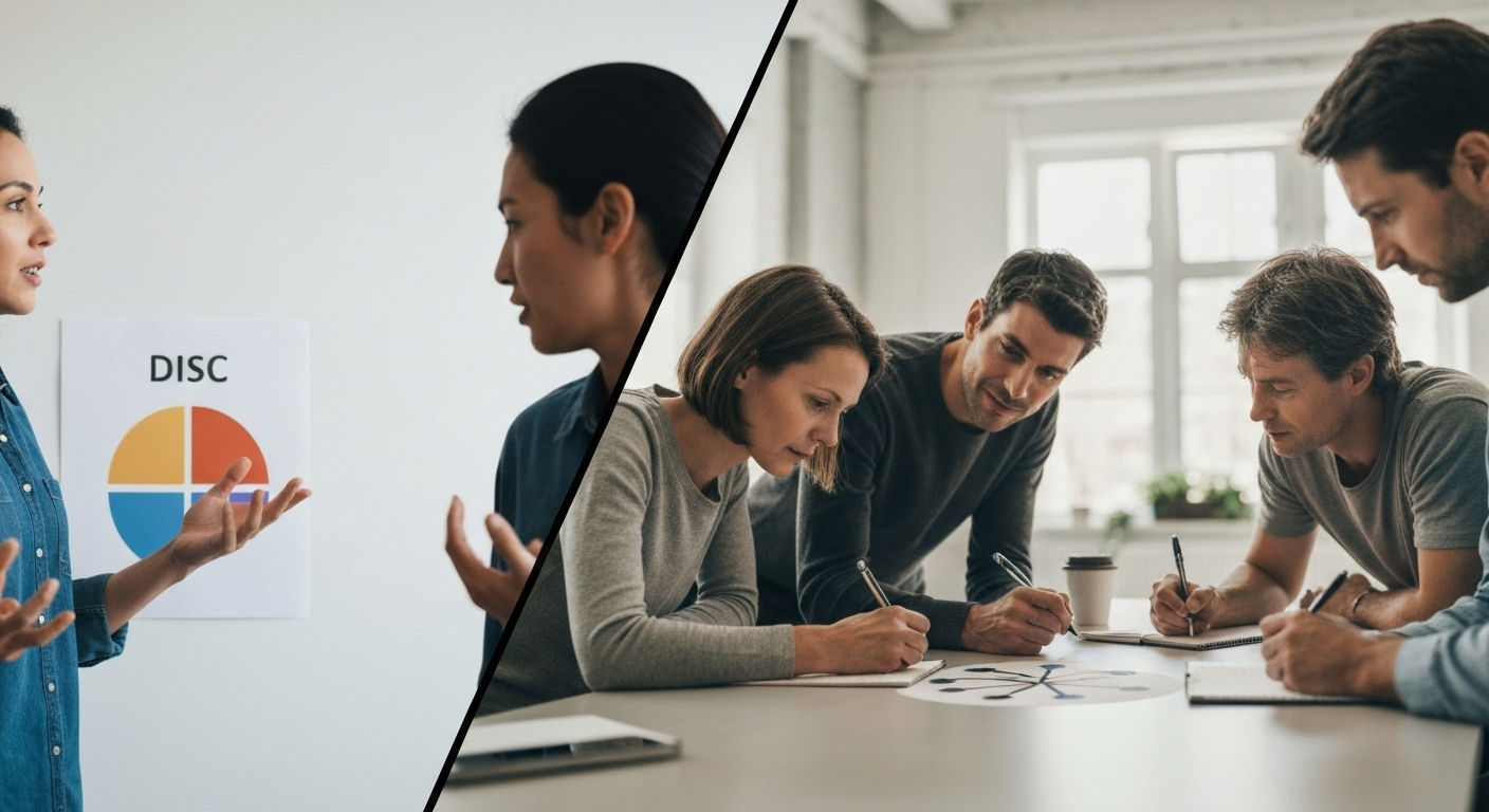 DISC presentation and Enneagram workshop split screen comparing training implementation time.