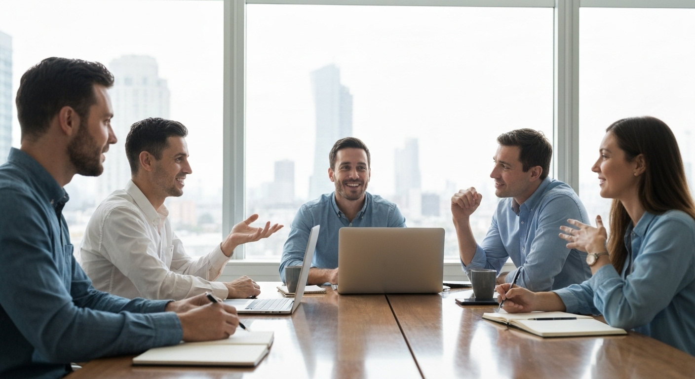 Four diverse team members collaborate around a table, discussing ideas and sharing information.