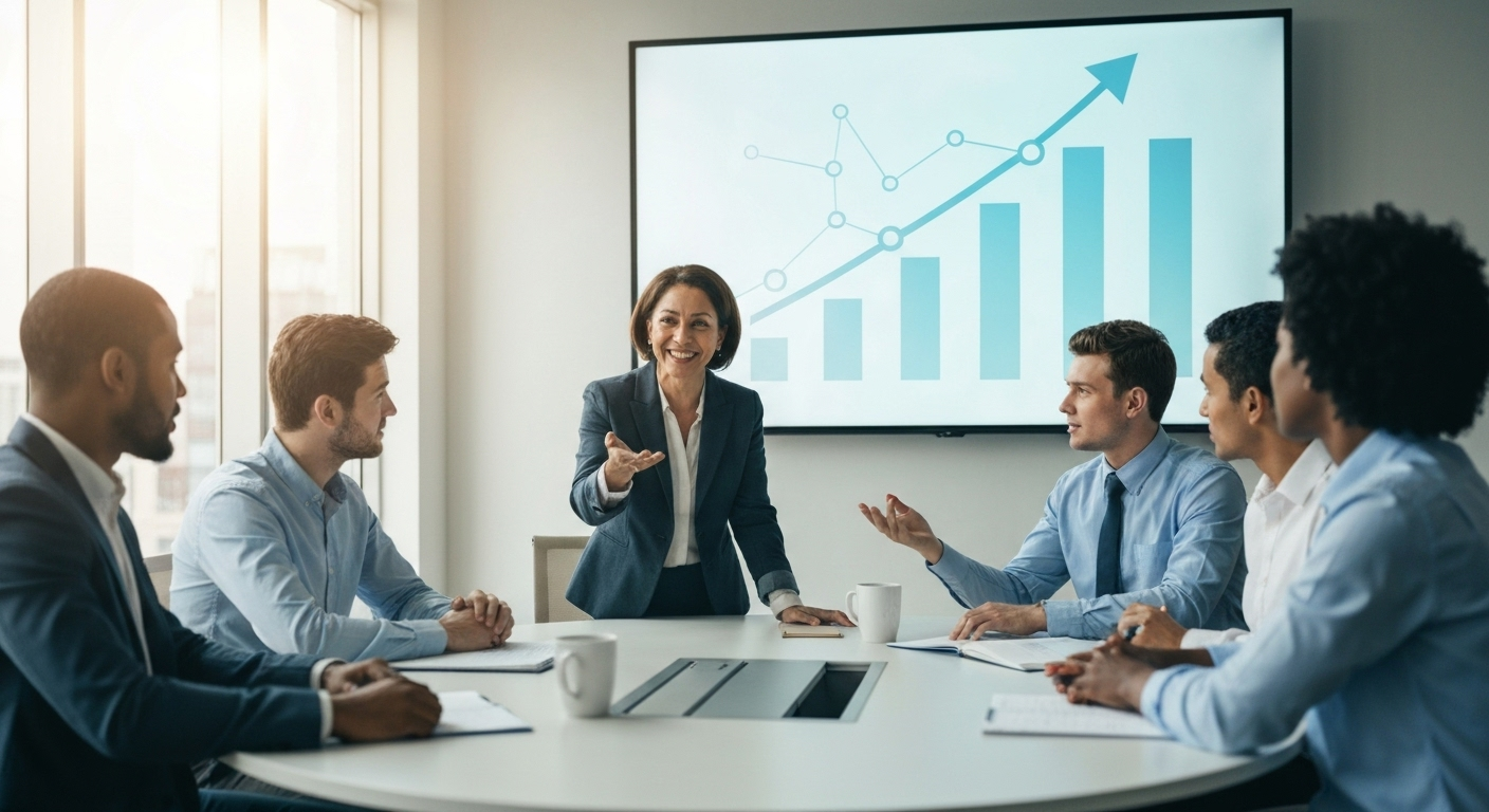 Diverse team collaborating in a modern office, woman leading with empathy and fostering growth.