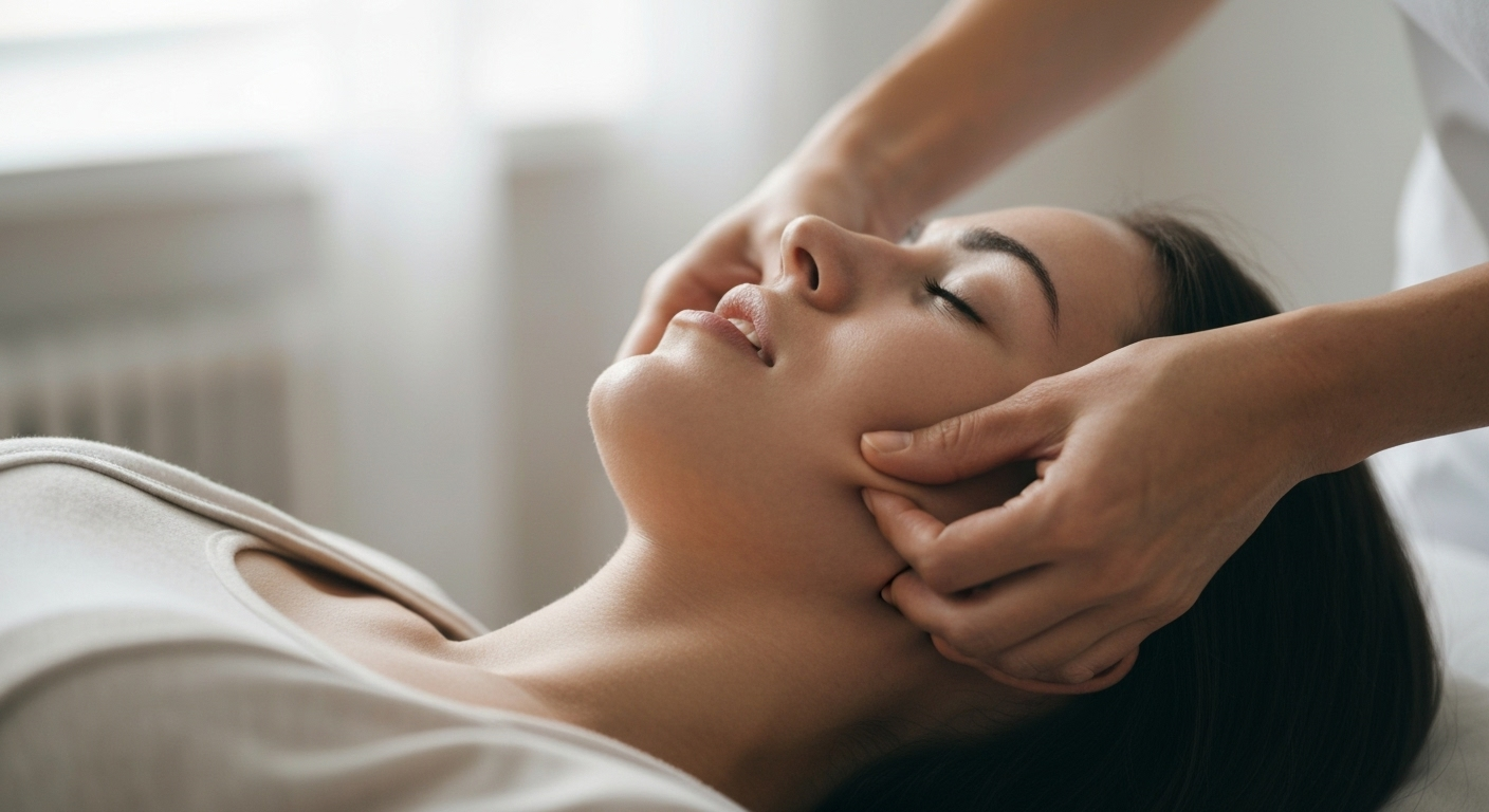 Therapist performing myofascial massage on a person's jaw for tension relief.