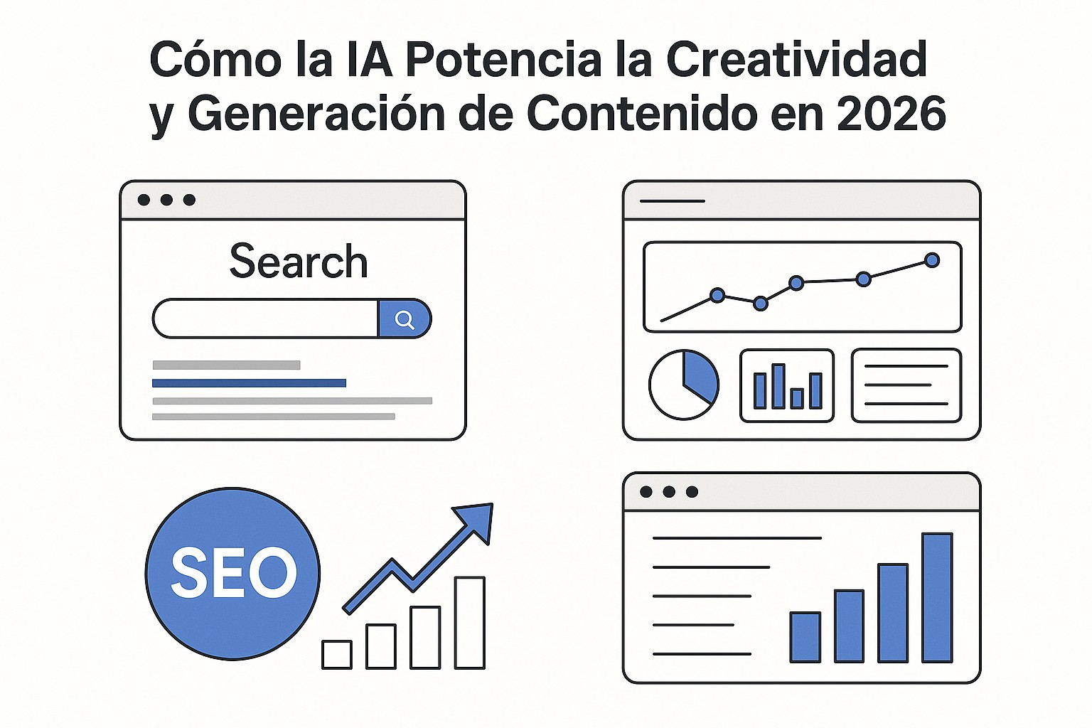 Flujo de generación de contenido con IA: texto, imágenes, audio y video mediante modelos generativos