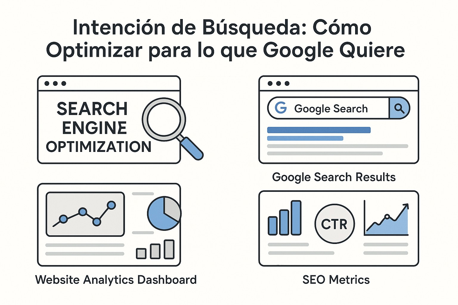 Mapa de tipos de intención de búsqueda: informacional, transaccional, navegacional y comercial con ejemplos