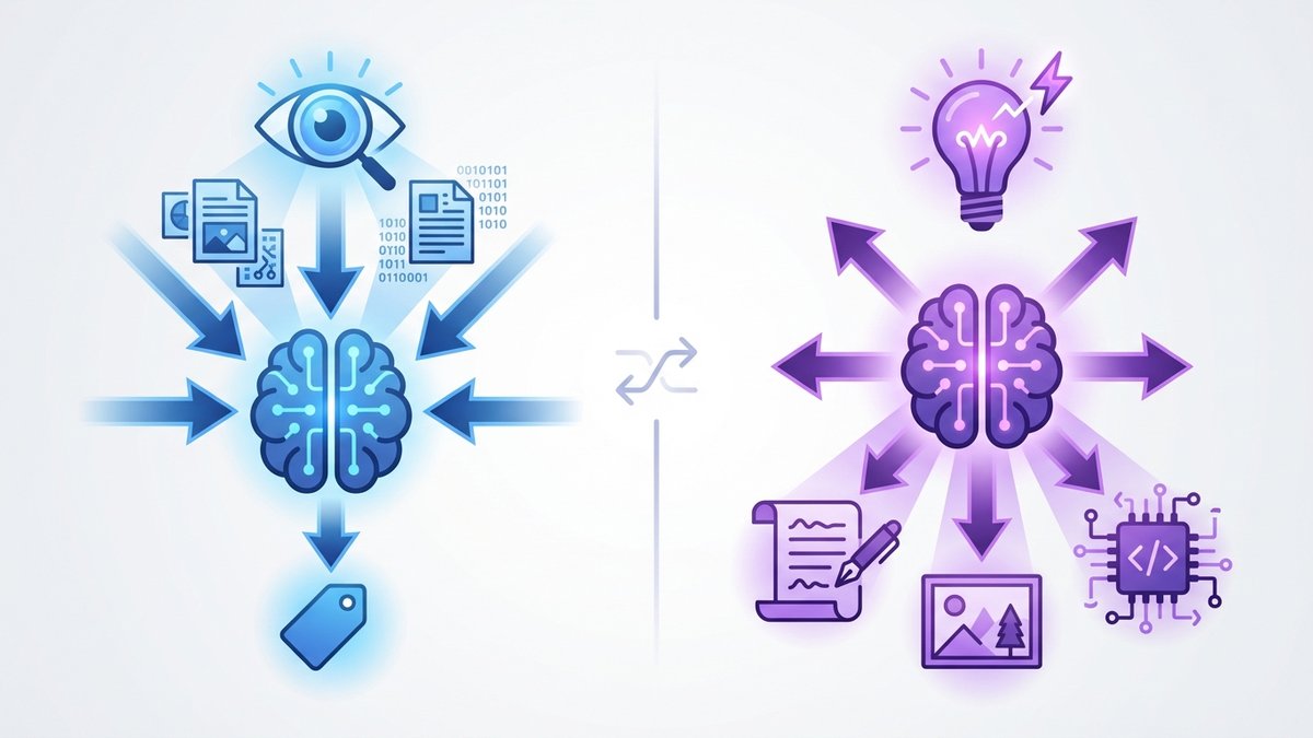 Diagrama comparativo: IA Tradicional (analiza) vs IA Generativa (crea)